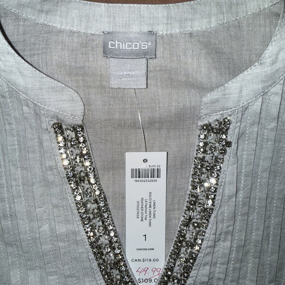 Chico’s NWT Sz 1 Gray Linen Cotton Blend Jeweled Pleated Neck Tunic Beachy Fun - Picture 5 of 9